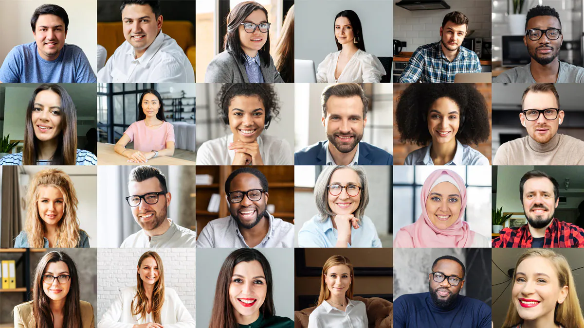 Smiling portraits of a diverse group of people