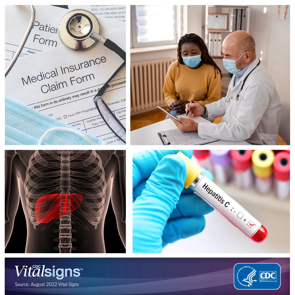 Photo collage of a medical form, a doctor talking with a patient, illustration of a liver, and a blood sample.